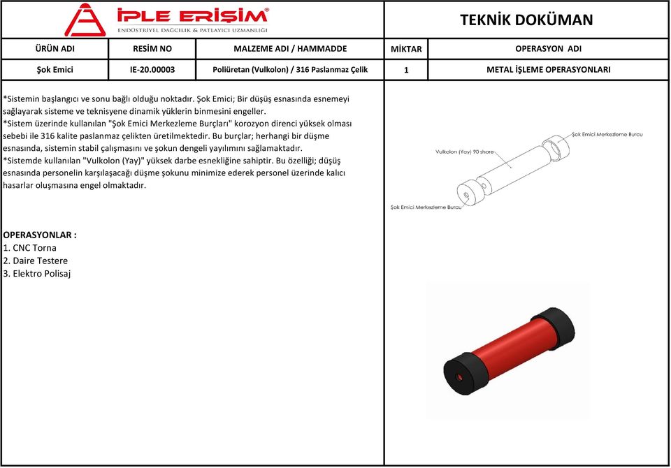 *Sistem üzerinde kullanılan "Şok Emici Merkezleme Burçları" korozyon direnci yüksek olması sebebi ile 316 kalite paslanmaz çelikten üretilmektedir.