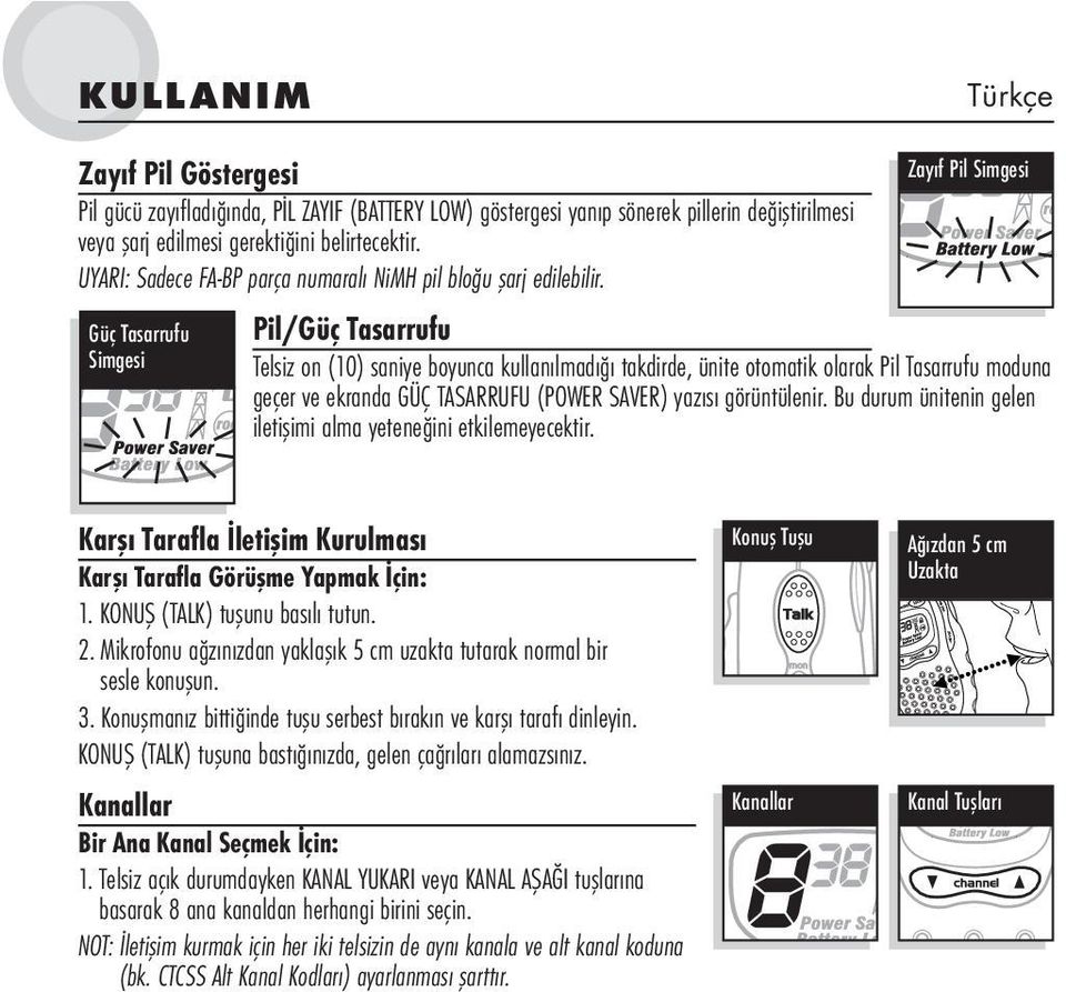 Güç Tasarrufu Simgesi Zayıf Pil Simgesi Pil/Güç Tasarrufu Telsiz on (10) saniye boyunca kullanılmadığı takdirde, ünite otomatik olarak Pil Tasarrufu moduna geçer ve ekranda GÜÇ TASARRUFU (POWER