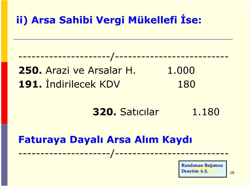 Arazi ve Arsalar H. 1.000 191. İndirilecek KDV 180 320.