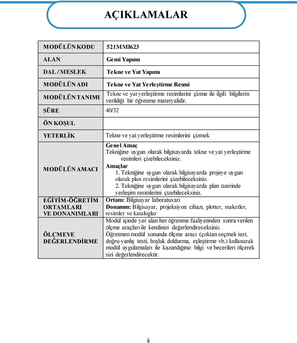 YETERLİK MODÜLÜN AMACI EĞİTİM-ÖĞRETİM ORTAMLARI VE DONANIMLARI ÖLÇMEVE DEĞERLENDİRME Tekne ve yat yerleştirme resimlerini çizmek Genel Amaç Tekniğine uygun olarak bilgisayarda tekne ve yat