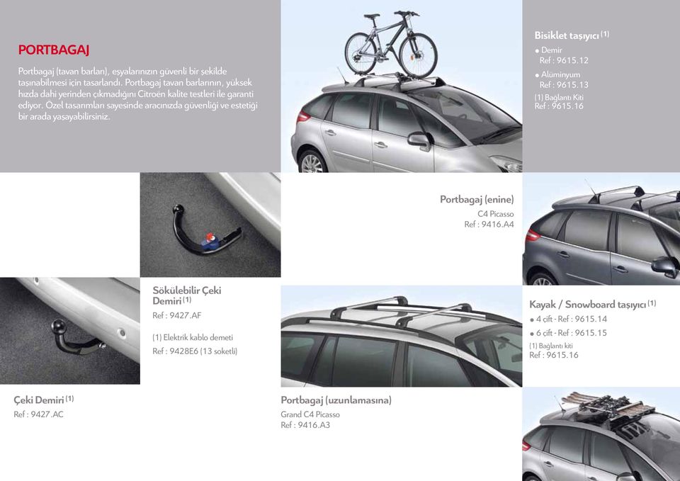 Özel tasarımları sayesinde aracınızda güvenliği ve estetiği bir arada yaşayabilirsiniz. Bisiklet taşıyıcı (1) Demir Ref : 9615.12 Alüminyum Ref : 9615.13 (1) Bağlantı Kiti Ref : 9615.