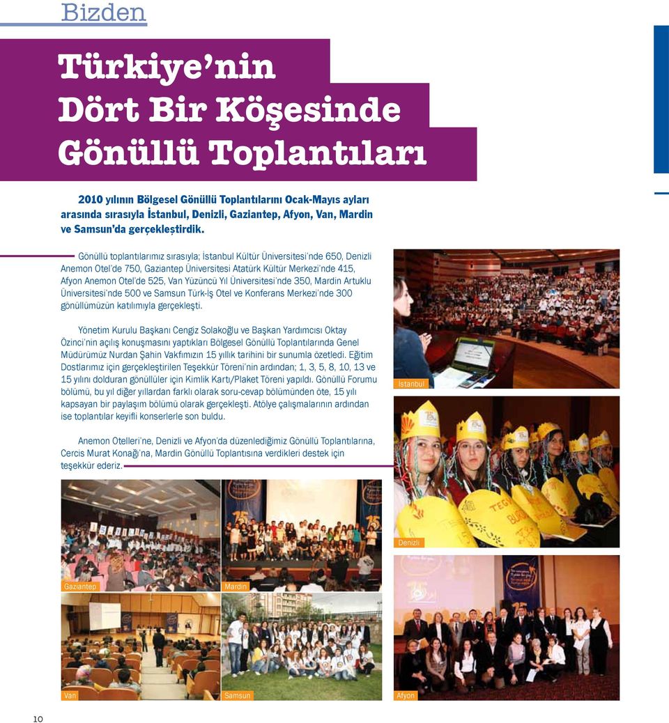 Gönüllü toplantılarımız sırasıyla; İstanbul Kültür Üniversitesi nde 650, Denizli Anemon Otel de 750, Gaziantep Üniversitesi Atatürk Kültür Merkezi nde 415, Afyon Anemon Otel de 525, Van Yüzüncü Yıl