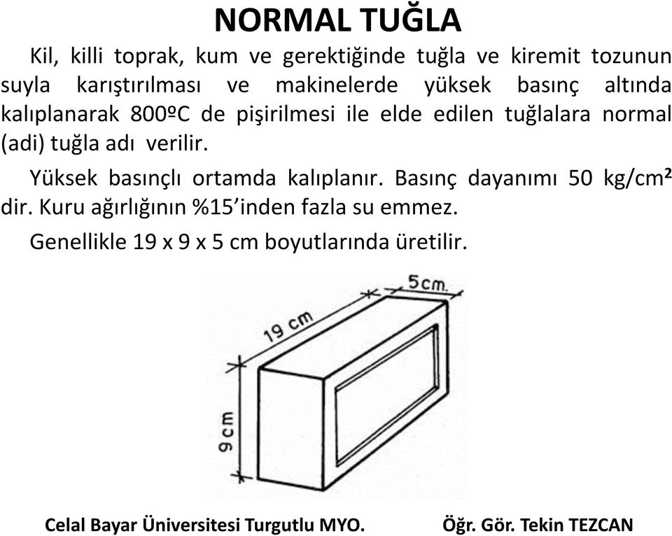 edilen tuğlalara normal (adi) tuğla adı verilir. Yüksek basınçlı ortamda kalıplanır.