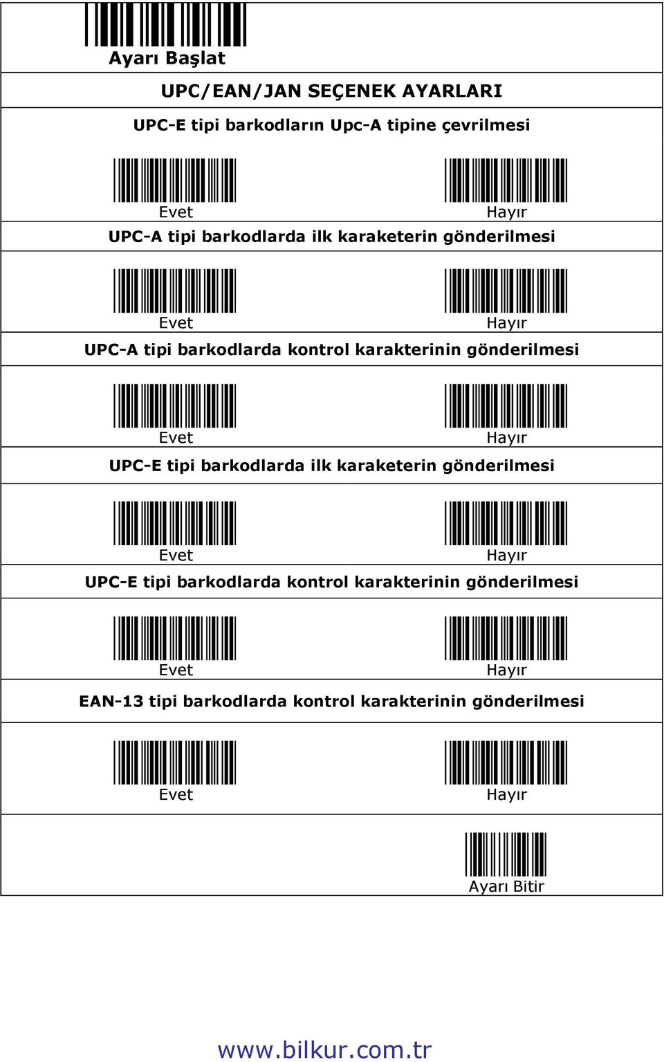 gönderilmesi Evet Hayır UPC-E tipi barkodlarda ilk karaketerin gönderilmesi Evet Hayır UPC-E tipi