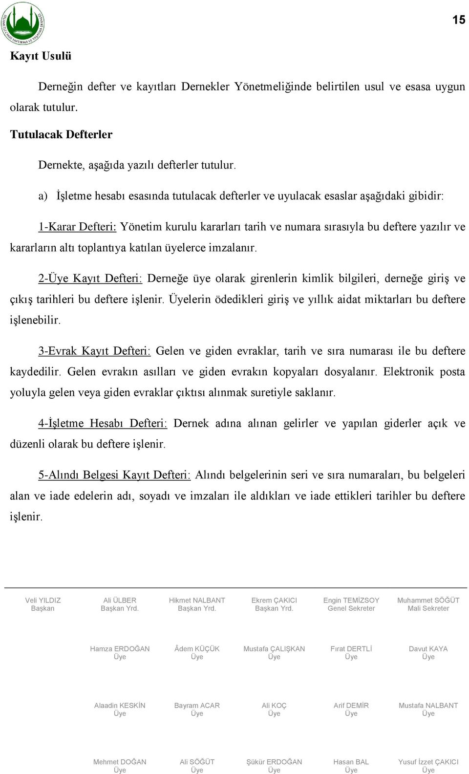 toplantıya katılan üyelerce imzalanır. 2- Kayıt Defteri: Derneğe üye olarak girenlerin kimlik bilgileri, derneğe giriş ve çıkış tarihleri bu deftere işlenir.