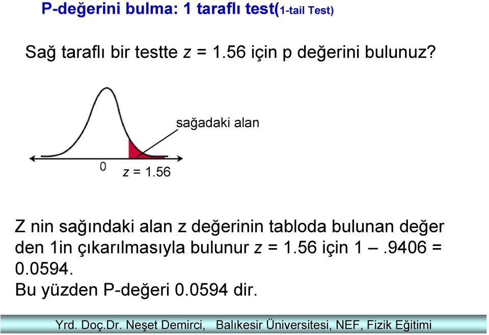 test(1-tail Test) Sağ taraflı bir testte z = 1.56 için p değerini bulunuz?
