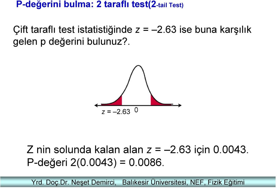 bulma: 2 taraflı test(2-tail Test) Çift taraflı test istatistiğinde z =
