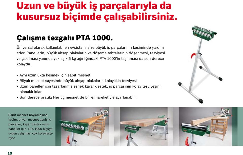 Aynı uzunlukta kesmek için sabit mesnet Bilyalı mesnet sayesinde büyük ahşap plakaların kolaylıkla tesviyesi Uzun paneller için tasarlanmış esnek kayar destek, iş parçasının kolay tesviyesini