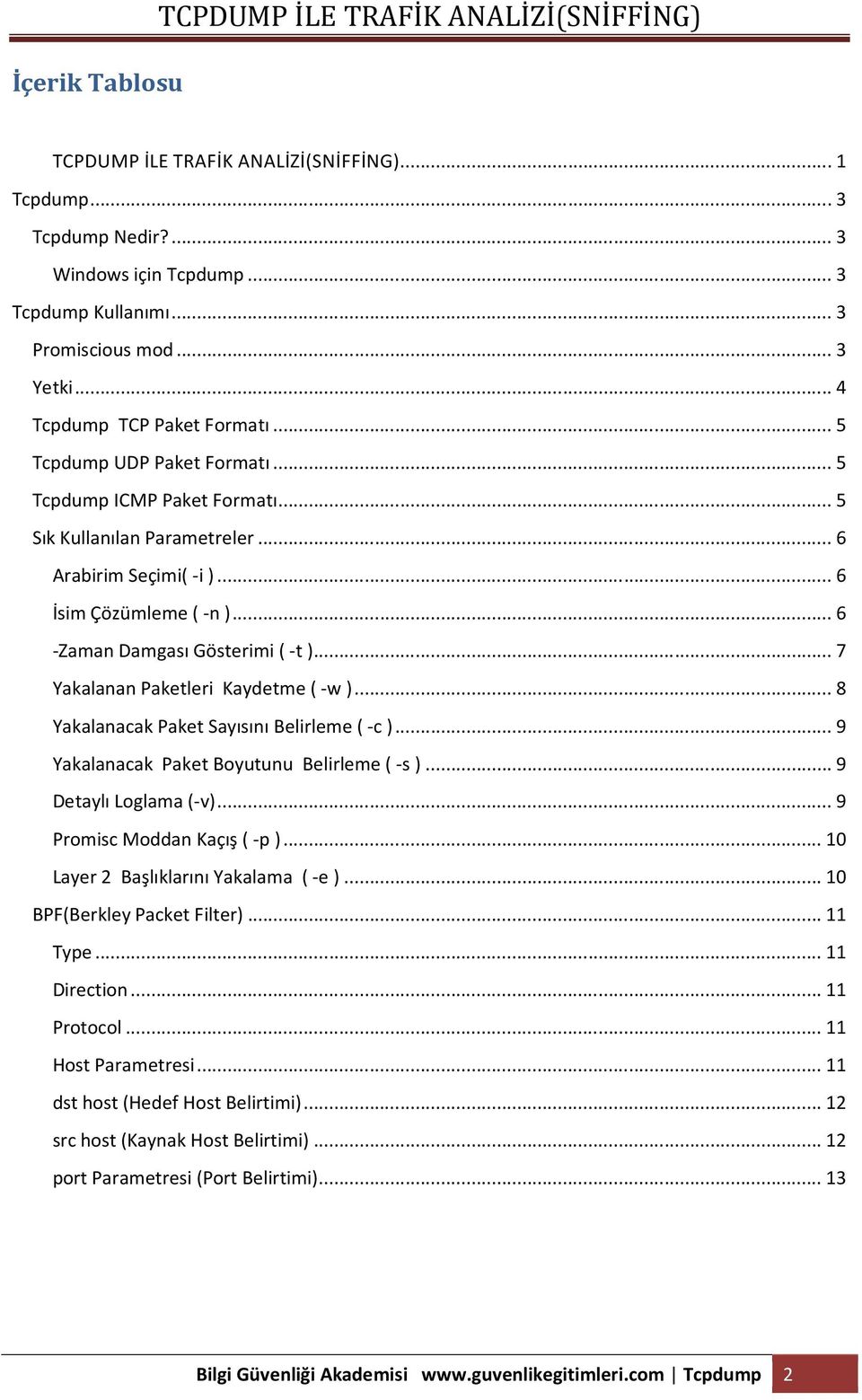 .. 6 -Zaman Damgası Gösterimi (-t)... 7 Yakalanan Paketleri Kaydetme (-w)... 8 Yakalanacak Paket Sayısını Belirleme (-c)... 9 Yakalanacak Paket Boyutunu Belirleme (-s)... 9 Detaylı Loglama (-v).