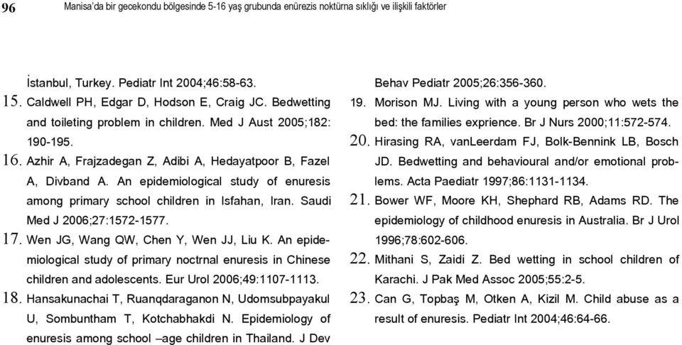 An epidemiological study of enuresis among primary school children in Isfahan, Iran. Saudi Med J 2006;27:1572-1577. 17. Wen JG, Wang QW, Chen Y, Wen JJ, Liu K.