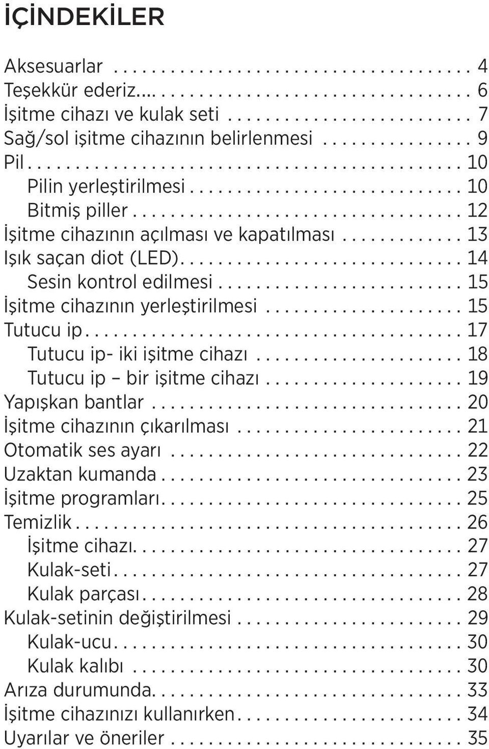 ............ 13 Işık saçan diot (LED).............................. 14 Sesin kontrol edilmesi.......................... 15 İşitme cihazının yerleştirilmesi..................... 15 Tutucu ip.