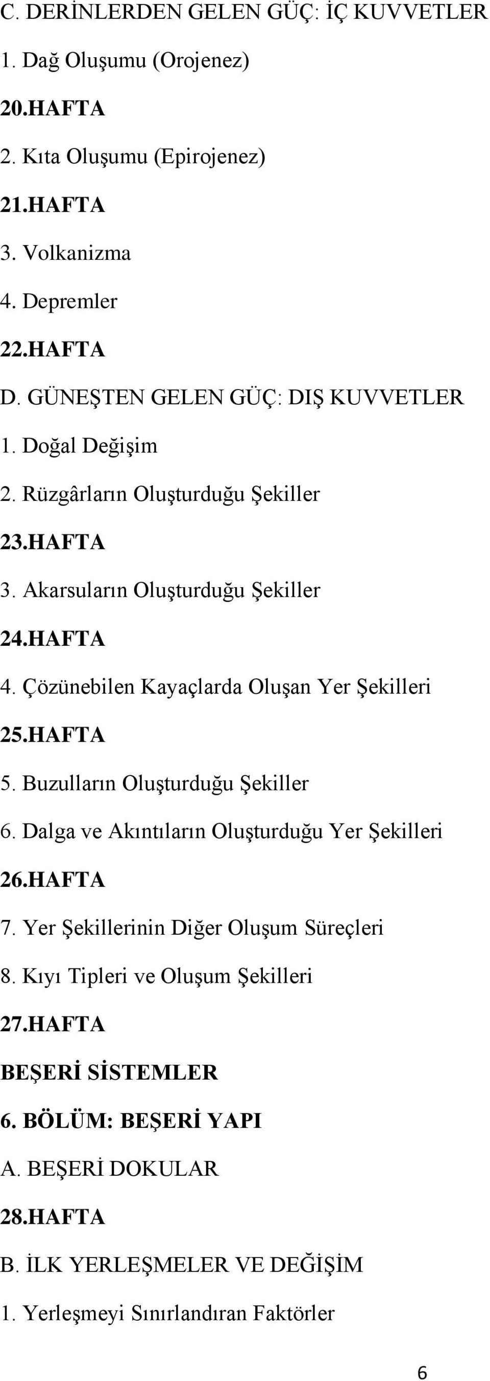 Çözünebilen Kayaçlarda Oluşan Yer Şekilleri 25.HAFTA 5. Buzulların Oluşturduğu Şekiller 6. Dalga ve Akıntıların Oluşturduğu Yer Şekilleri 26.HAFTA 7.