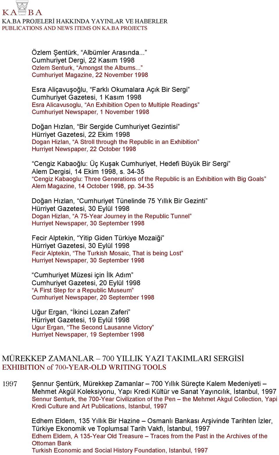 Newspaper, 1 November 1998 Doan Hızlan, Bir Sergide Cumhuriyet Gezintisi Hürriyet Gazetesi, 22 Ekim 1998 Dogan Hizlan, A Stroll through the Republic in an Exhibition Hurriyet Newspaper, 22 October