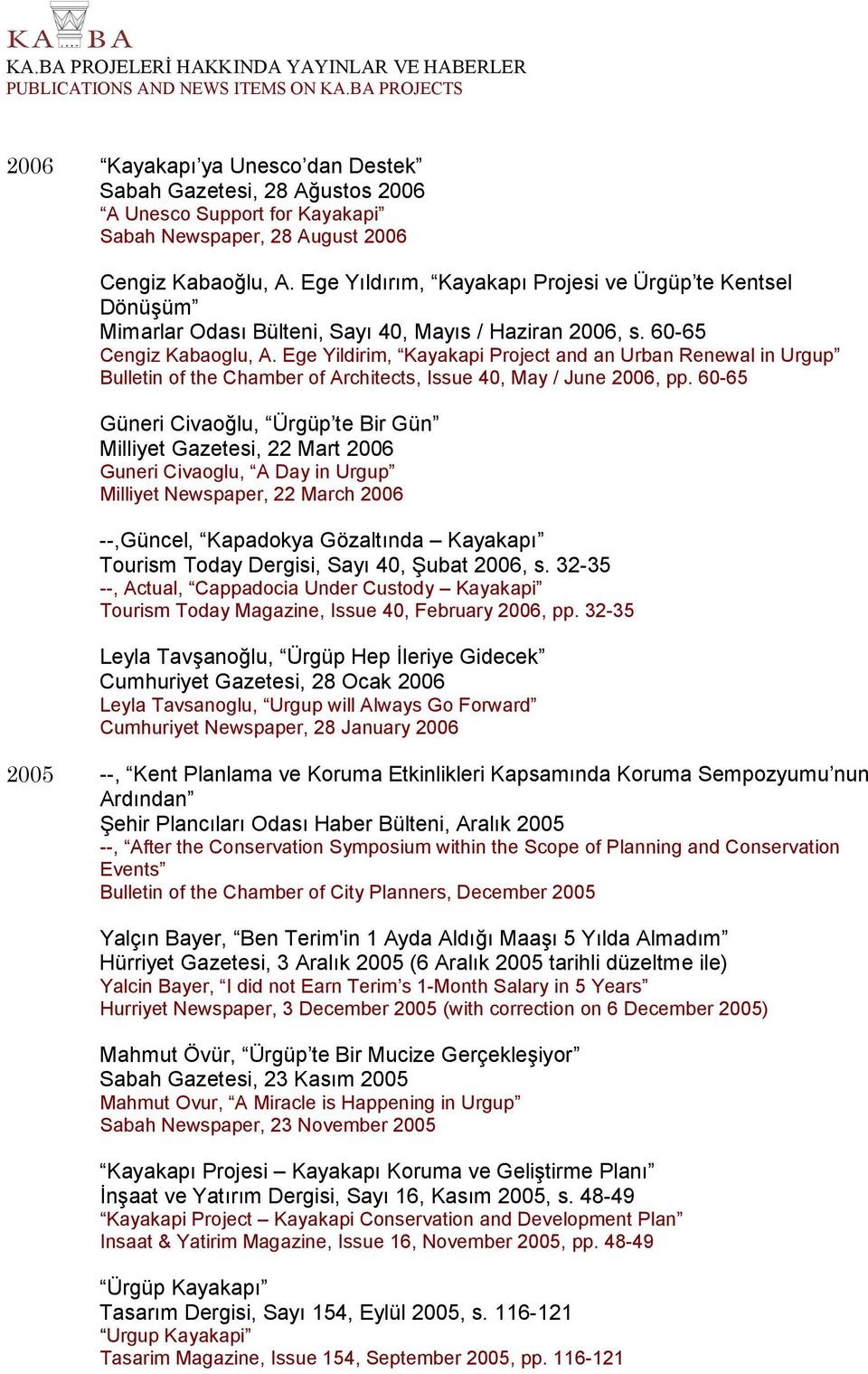 Ege Yildirim, Kayakapi Project and an Urban Renewal in Urgup Bulletin of the Chamber of Architects, Issue 40, May / June 2006, pp.