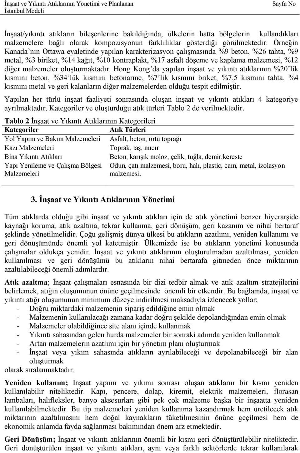 Örneğin Kanada nın Ottawa eyaletinde yapılan karakterizasyon çalışmasında %9 beton, %26 tahta, %9 metal, %3 biriket, %14 kağıt, %10 kontraplakt, %17 asfalt döşeme ve kaplama malzemesi, %12 diğer