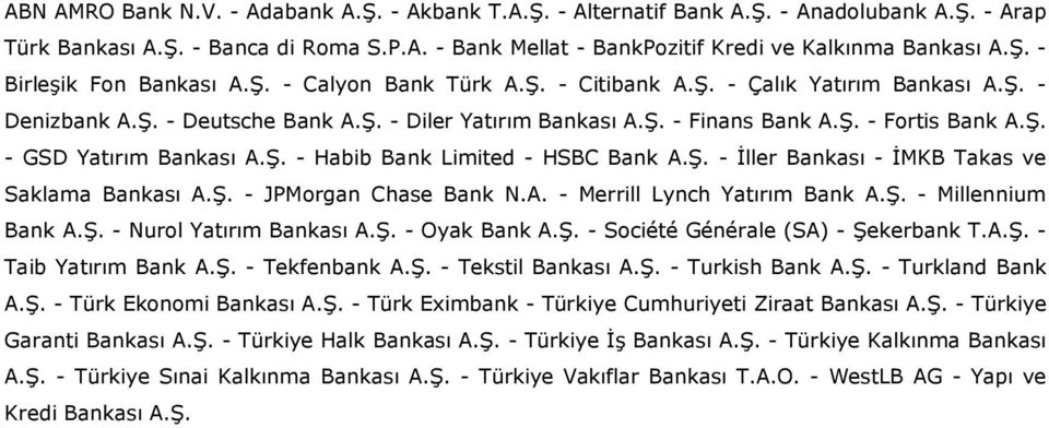 Ş. - Habib Bank Limited - HSBC Bank A.Ş. - Đller Bankası - ĐMKB Takas ve Saklama Bankası A.Ş. - JPMorgan Chase Bank N.A. - Merrill Lynch Yatırım Bank A.Ş. - Millennium Bank A.Ş. - Nurol Yatırım Bankası A.