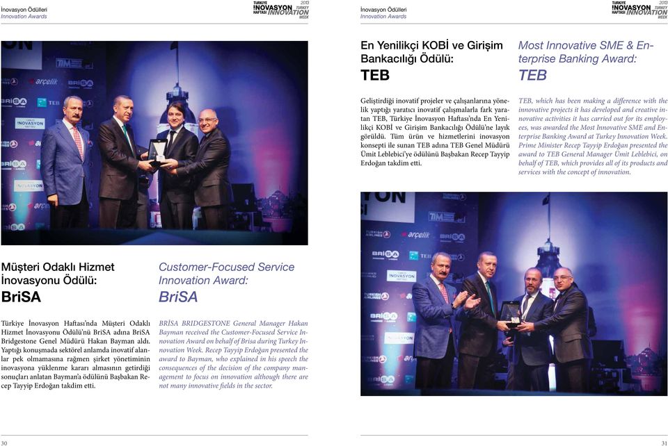 Tüm ürün ve hizmetlerini inovasyon konsepti ile sunan TEB adına TEB Genel Müdürü Ümit Leblebici ye ödülünü Başbakan Recep Tayyip Erdoğan takdim etti.