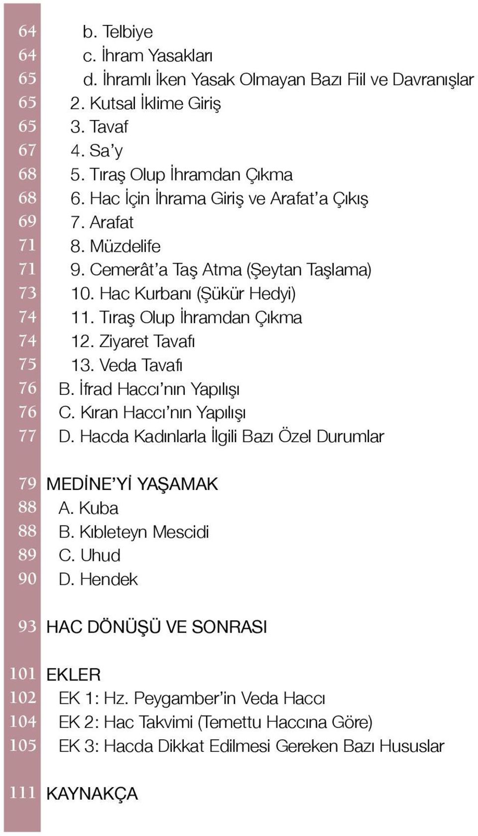 Ziyaret Tavafı 13. Veda Tavafı B. İfrad Haccı nın Yapılışı C. Kıran Haccı nın Yapılışı D. Hacda Kadınlarla İlgili Bazı Özel Durumlar 79 88 88 89 90 MEDİNE Yİ YAŞAMAK A. Kuba B.