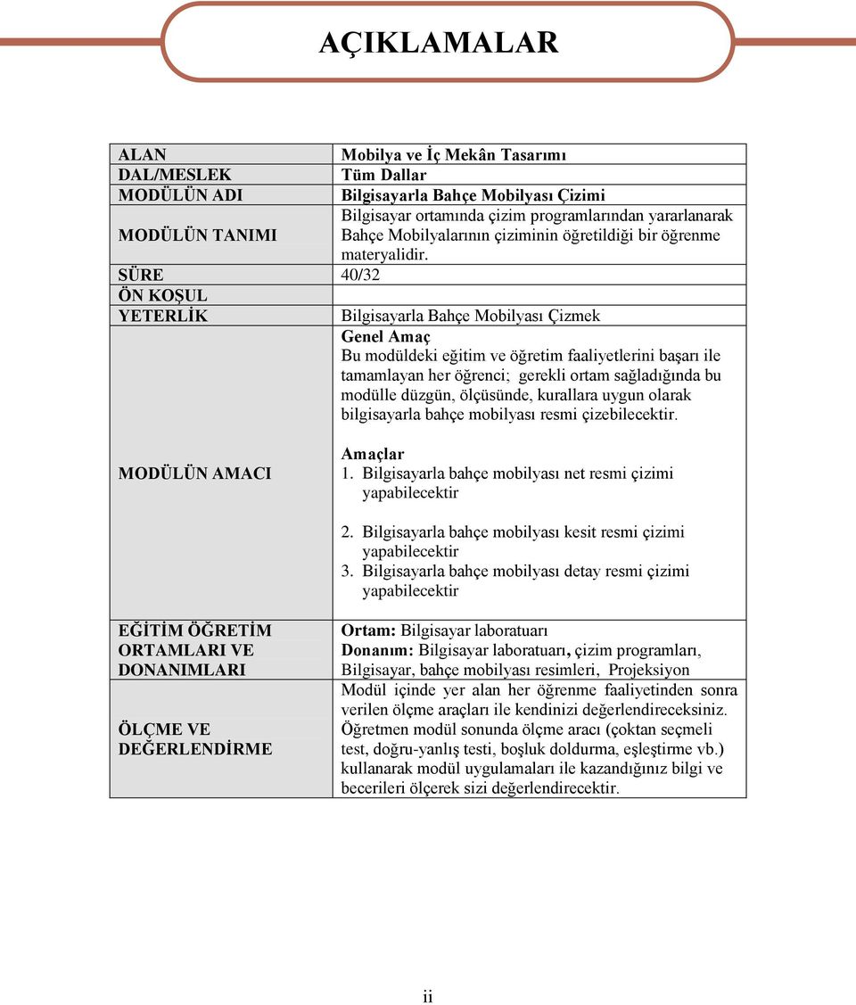 SÜRE 40/32 ÖN KOŞUL YETERLİK Bilgisayarla Bahçe Mobilyası Çizmek Genel Amaç Bu modüldeki eğitim ve öğretim faaliyetlerini başarı ile tamamlayan her öğrenci; gerekli ortam sağladığında bu modülle