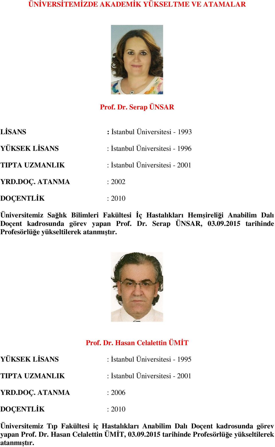ATANMA : 2002 Üniversitemiz Sağlık Bilimleri Fakültesi Đç Hastalıkları Hemşireliği Anabilim Dalı Doçent kadrosunda görev yapan Prof. Dr. Serap ÜNSAR, 03.09.