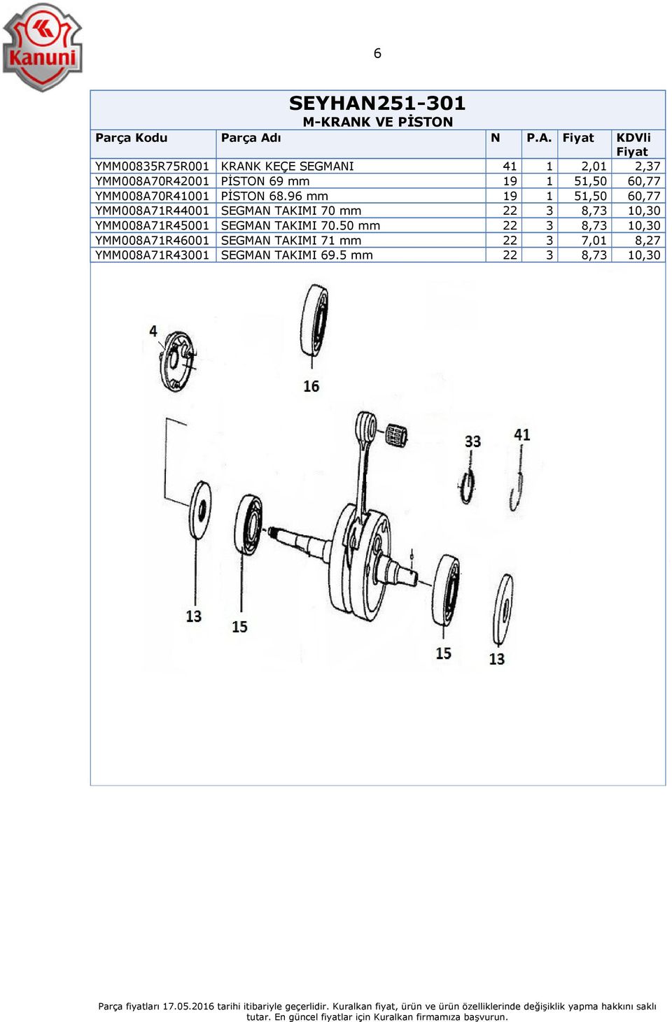 96 mm 19 1 51,50 60,77 YMM008A71R44001 SEGMAN TAKIMI 70 mm 22 3 8,73 10,30 YMM008A71R45001