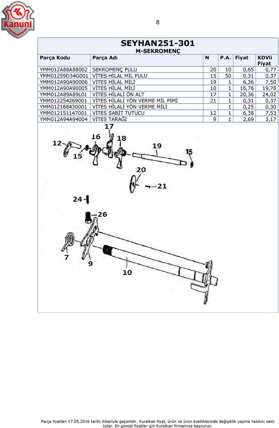 VİTES HİLALİ ÖN ALT 17 1 20,36 24,02 YMM012254269001 VİTES HİLALİ YÖN VERME MİL PİMİ 21 1 0,31 0,37 YMM012188430001