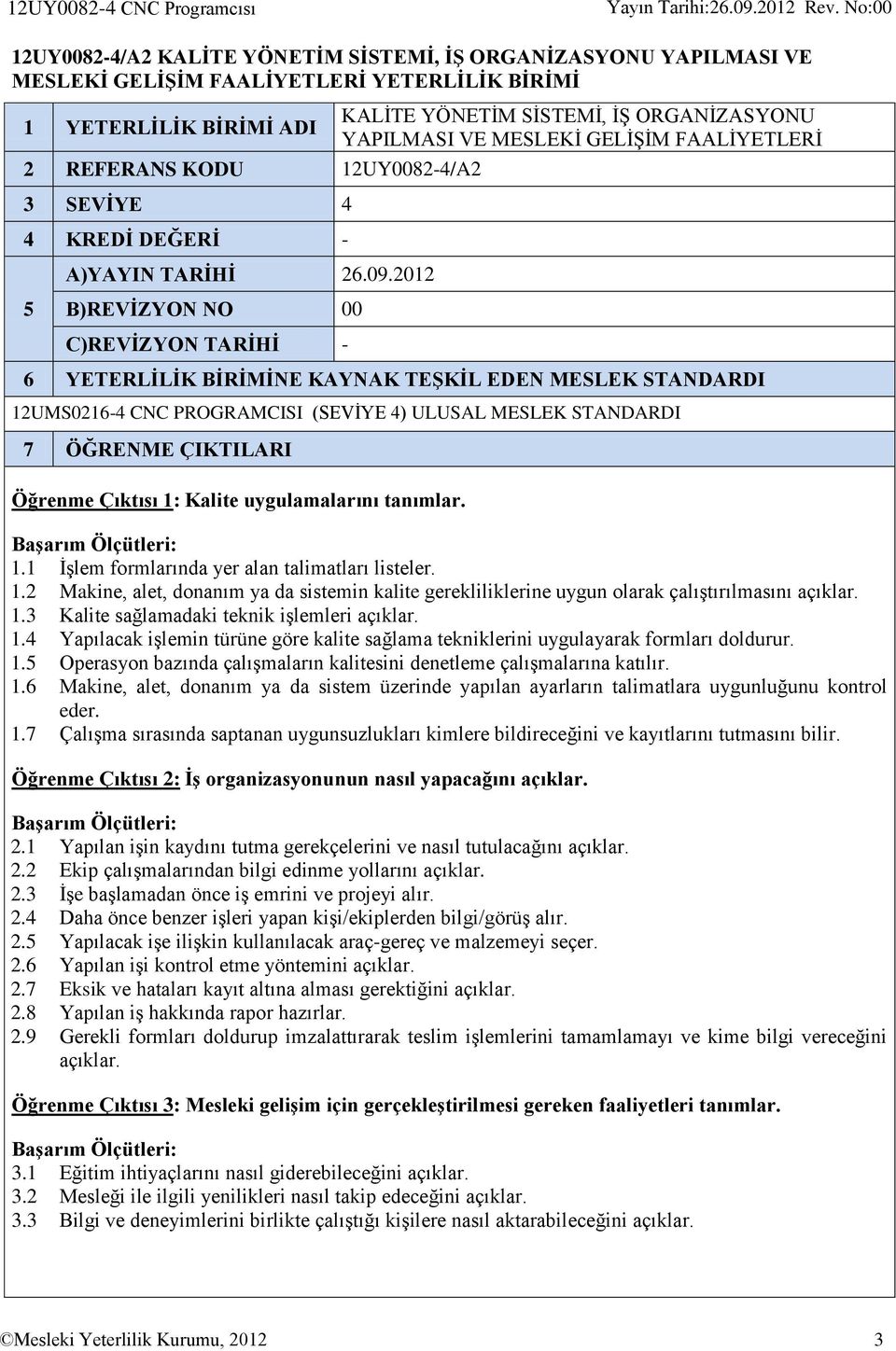 2012 5 B)REVİZYON NO 00 C)REVİZYON TARİHİ - 6 YETERLİLİK BİRİMİNE KAYNAK TEŞKİL EDEN MESLEK STANDARDI 12UMS0216-4 CNC PROGRAMCISI (SEVİYE 4) ULUSAL MESLEK STANDARDI 7 ÖĞRENME ÇIKTILARI Öğrenme