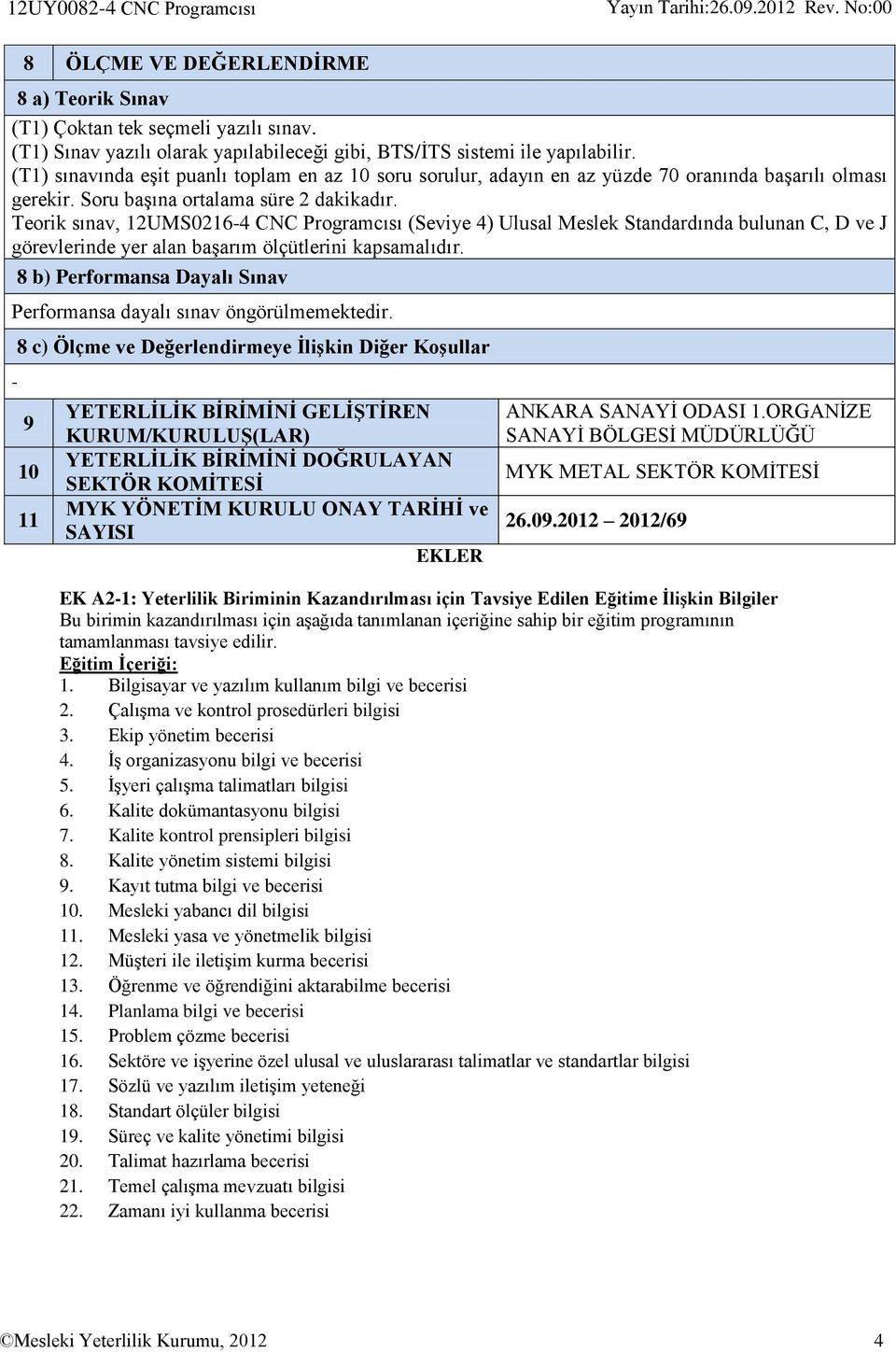 Teorik sınav, 12UMS0216-4 CNC Programcısı (Seviye 4) Ulusal Meslek Standardında bulunan C, D ve J görevlerinde yer alan başarım ölçütlerini kapsamalıdır.