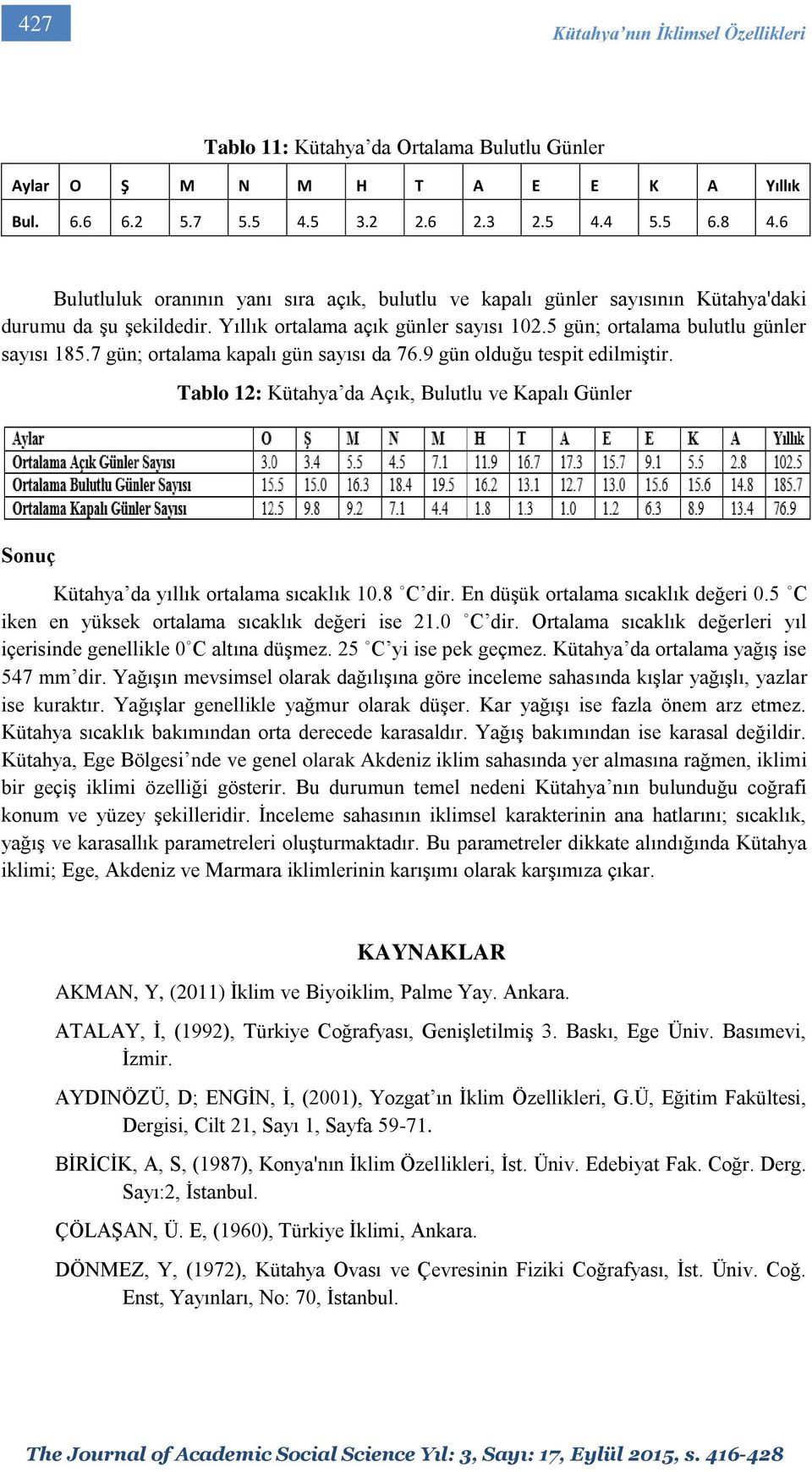 7 gün; ortalama kapalı gün sayısı da 76.9 gün olduğu tespit edilmiştir. Tablo 12: Kütahya da Açık, Bulutlu ve Kapalı Günler Sonuç Kütahya da yıllık ortalama sıcaklık 10.8 C dir.