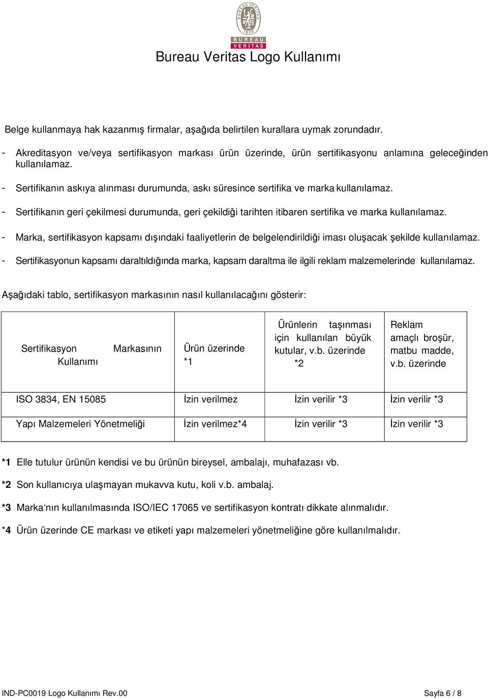 - Sertifikanın askıya alınması durumunda, askı süresince sertifika ve marka kullanılamaz. - Sertifikanın geri çekilmesi durumunda, geri çekildiği tarihten itibaren sertifika ve marka kullanılamaz.