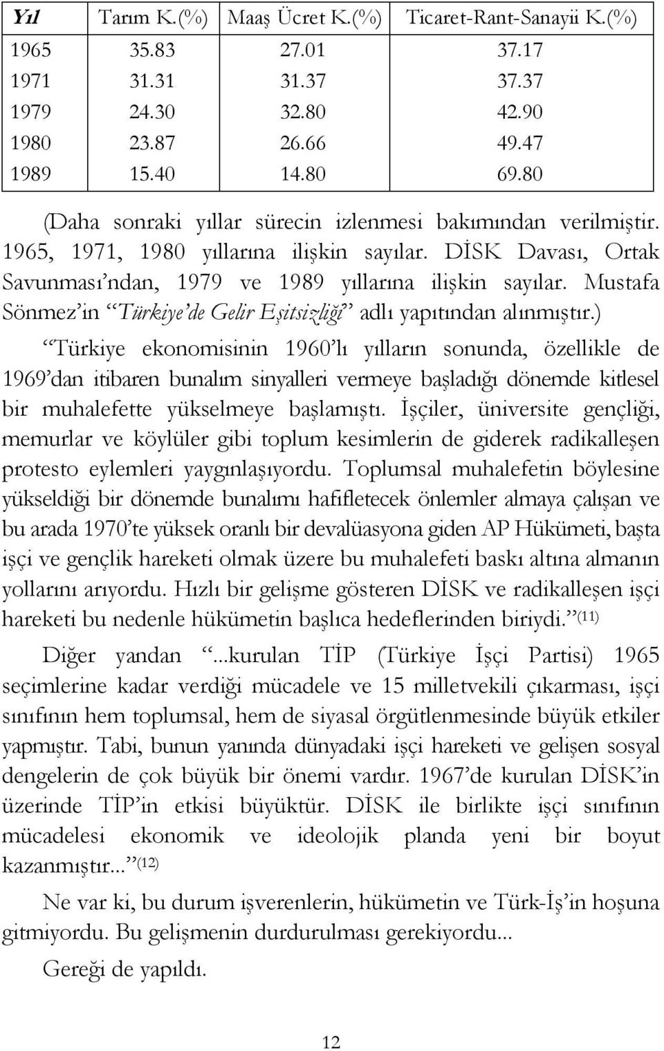 Mustafa Sönmez in Türkiye de Gelir Eşitsizliği adlı yapıtından alınmıştır.