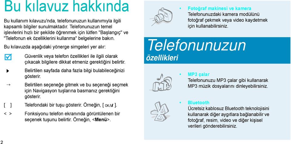 Bu kılavuzda aşağıdaki yönerge simgeleri yer alır: Güvenlik veya telefon özellikleri ile ilgili olarak çıkacak bilgilere dikkat etmeniz gerektiğini belirtir.