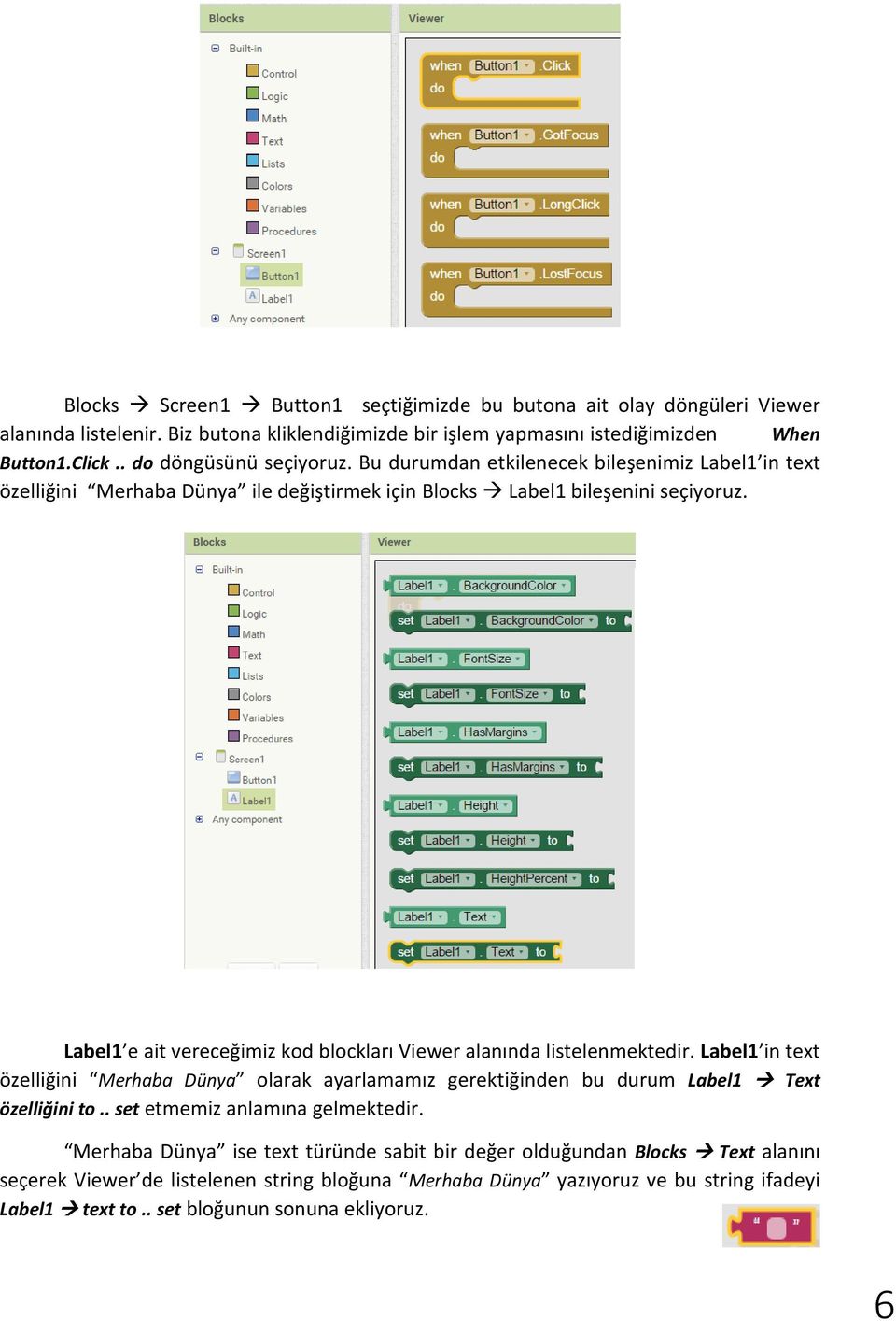 Label1 e ait vereceğimiz kod blockları Viewer alanında listelenmektedir. Label1 in text özelliğini Merhaba Dünya olarak ayarlamamız gerektiğinden bu durum Label1 Text özelliğini to.