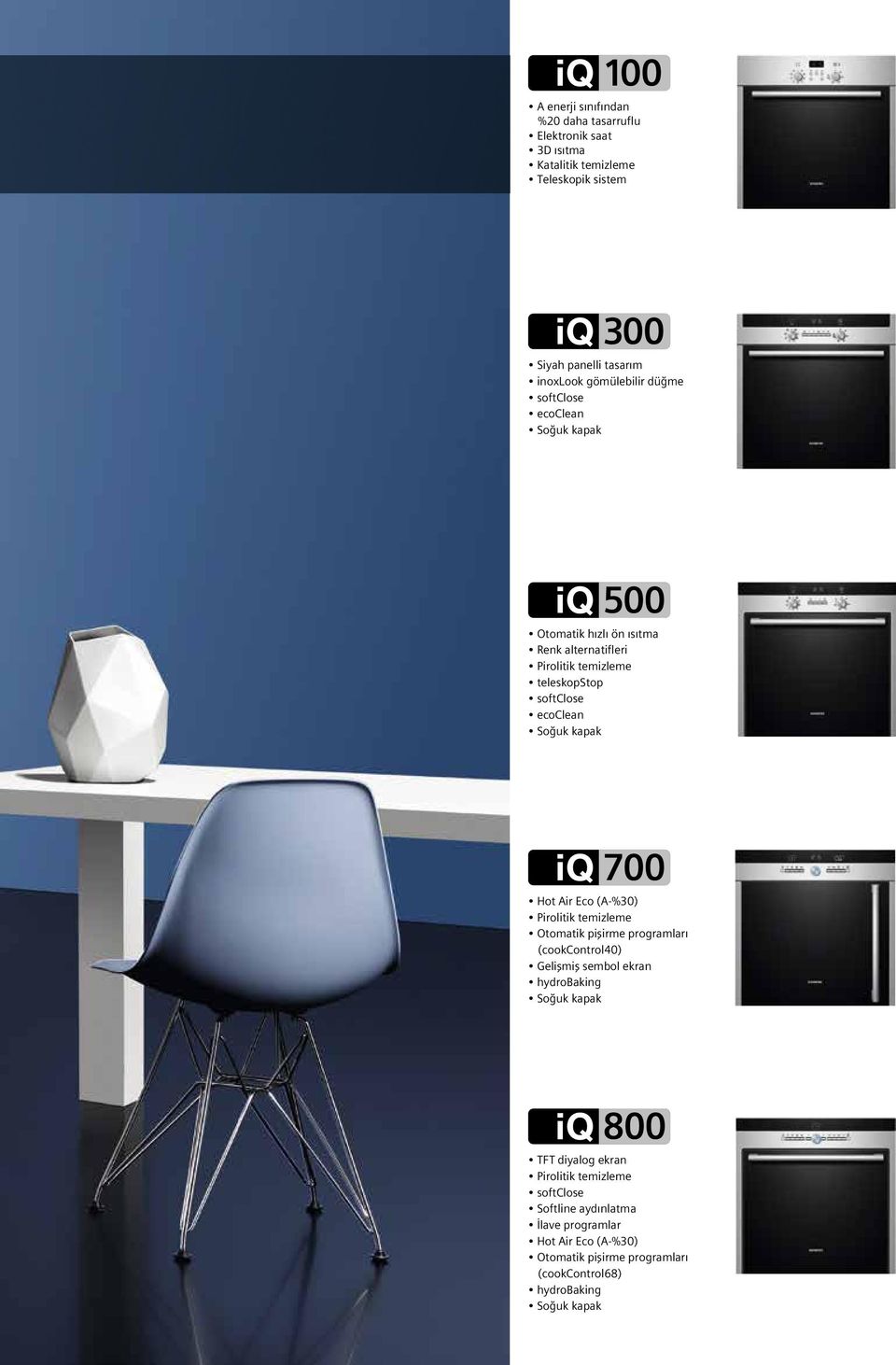 ir Eco (-%30) Pirolitik temizleme Otomatik pişirme programları (cookcontrol40) Gelişmiş sembol ekran hydrobaking Soğuk kapak 800 TFT diyalog ekran