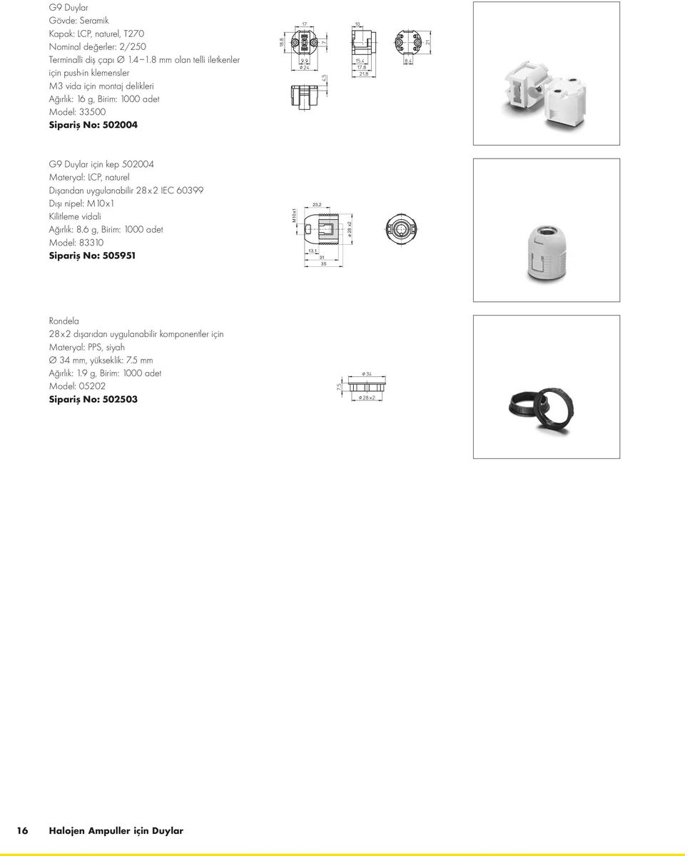 502004 Materyal: LCP, naturel Dışarıdan uygulanabilir 28x2 IEC 60399 Dışı nipel: M10x1 Kilitleme vidali Ağırlık: 8.