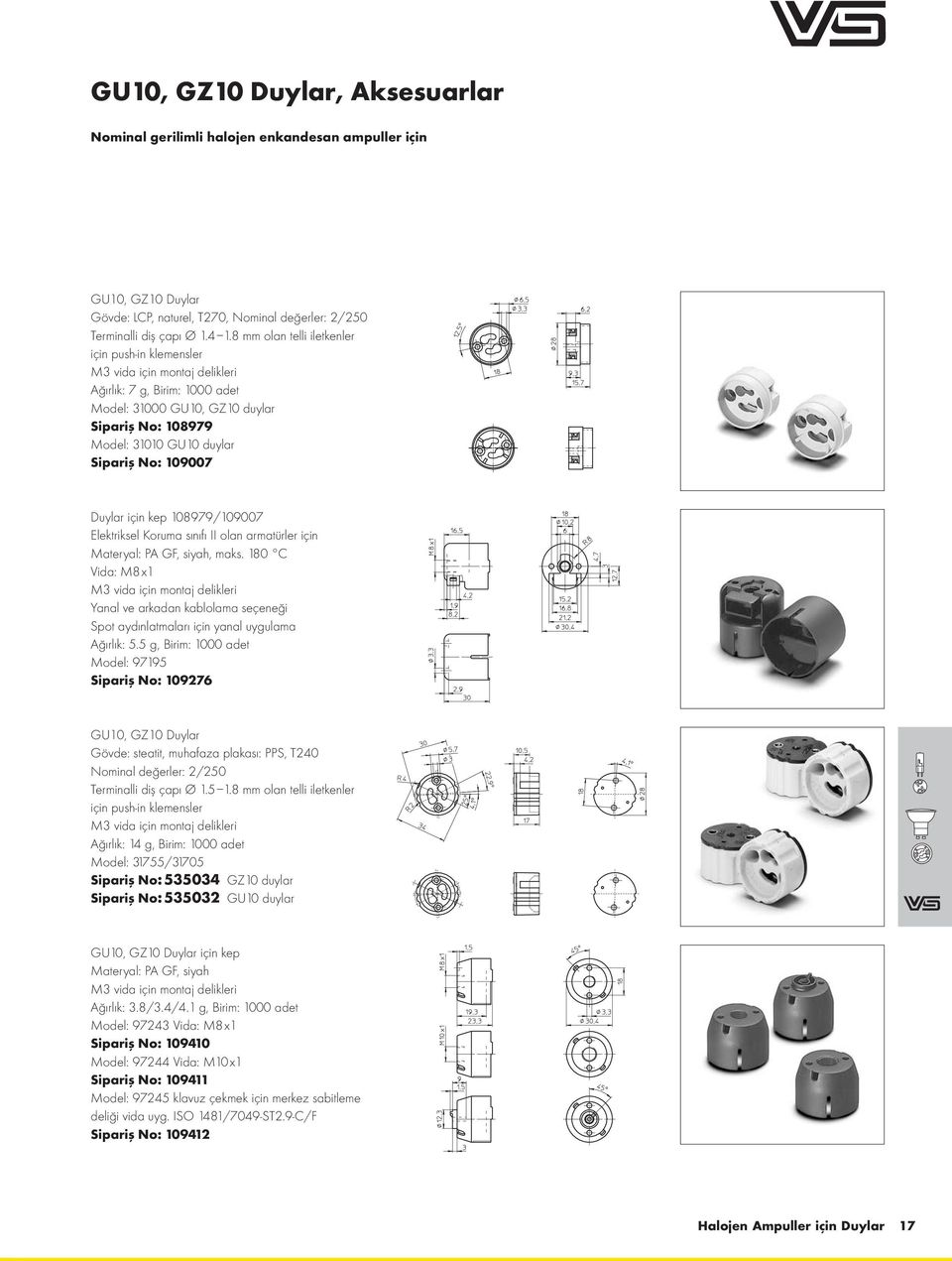 109007 Duylar için kep 108979/109007 Elektriksel Koruma sınıfı II olan armatürler için Materyal: PA GF, siyah, maks.