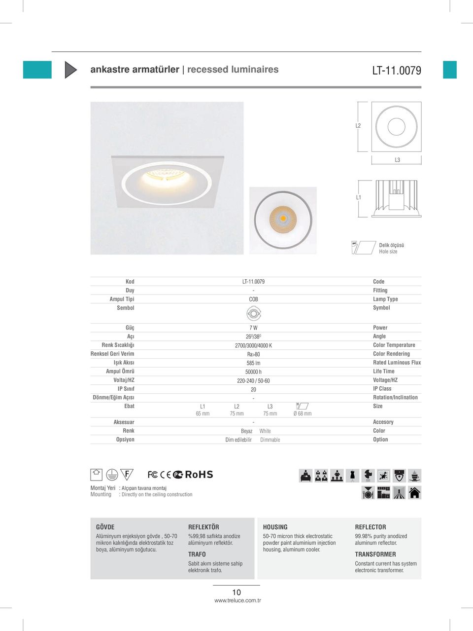 Dimmable 410413. sayfa/page 99 Alüminyum enjeksiyon gövde, 5070 boya, alüminyum soğutucu.