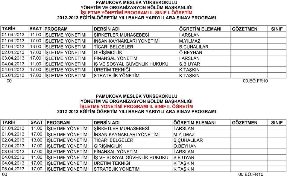 ARSLAN 04.04.2013 11.00 İŞLETME YÖNETİMİ İŞ VE SOSYAL GÜVENLİK HUKUKU S.B.UYAR 04.04.2013 17.00 İŞLETME YÖNETİMİ ÜRETİM TEKNİĞİ K.TAŞKIN 05.04.2013 17.00 İŞLETME YÖNETİMİ STRATEJİK YÖNETİM K.