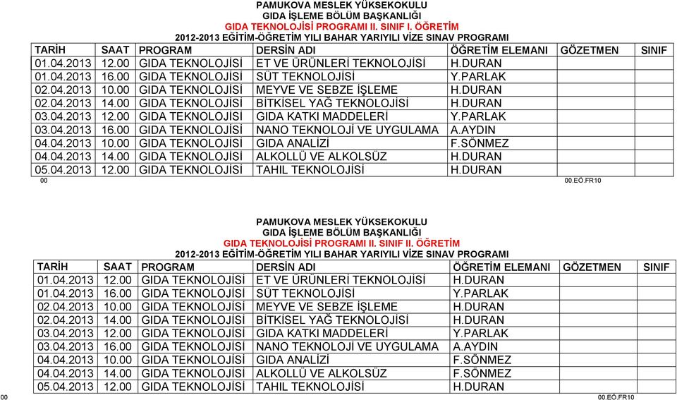 00 GIDA TEKNOLOJİSİ NANO TEKNOLOJİ VE UYGULAMA A.AYDIN 04.04.2013 10.00 GIDA TEKNOLOJİSİ ALANLARI GIDA ANALİZİ F.SÖNMEZ 04.04.2013 14.00 GIDA TEKNOLOJİSİ ALKOLLÜ VE ALKOLSÜZ H.DURAN 05.04.2013 12.