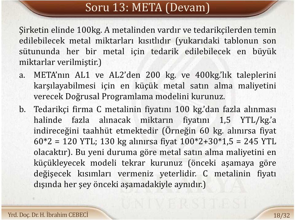 META nın AL1 ve AL2 den 200 kg. ve 400kg. lık taleplerini karşılayabilmesi için en küçük metal satın alma maliyetini verecek Doğrusal Programlama modelini kurunuz. b.