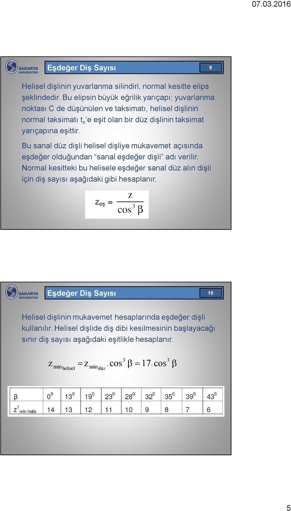 eşittir. Bu sanal düz dişli helisel dişliye mukavemet açısında eşdeğer olduğundan sanal eşdeğer dişli adı verilir.