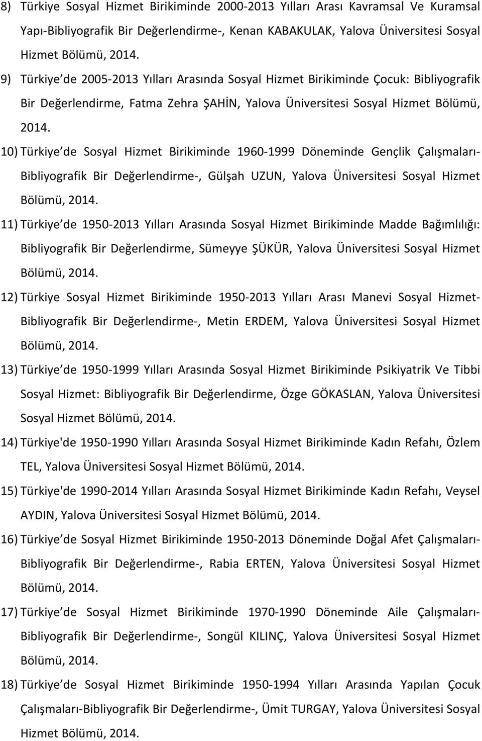 10) Türkiye de Sosyal Hizmet Birikiminde 1960-1999 Döneminde Gençlik Çalışmaları- Bibliyografik Bir Değerlendirme-, Gülşah UZUN, Yalova Üniversitesi Sosyal Hizmet Bölümü, 2014.