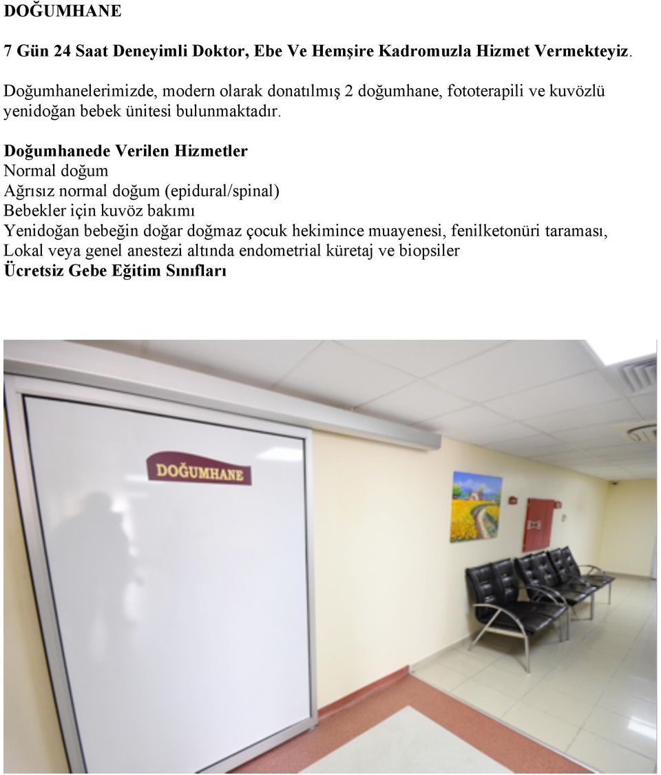 Doğumhanede Verilen Hizmetler Normal doğum Ağrısız normal doğum (epidural/spinal) Bebekler için kuvöz bakımı Yenidoğan