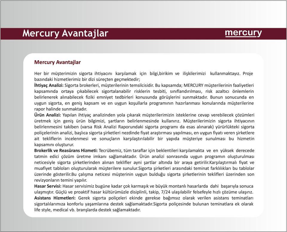 Bu kapsamda; MERCURY müşterilerinin faaliyetleri kapsamında ortaya çıkabilecek sigortalanabilir risklerin tesbiti, sınıflandırılması, risk azaltıcı önlemlerin belirlenerek alınabilecek fiziki emniyet