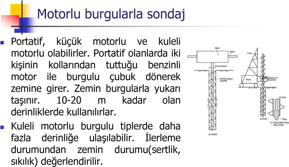 girer. Zemin burgularla yukarı taşınır. 10-20 m kadar olan derinliklerde kullanılırlar.