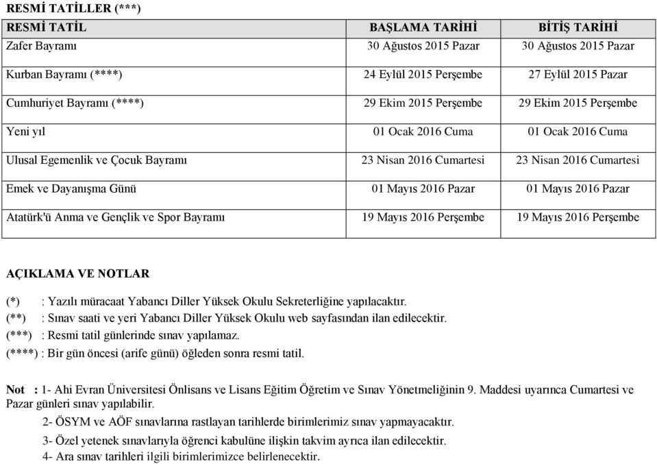 Dayanışma Günü 01 Mayıs 2016 Pazar 01 Mayıs 2016 Pazar Atatürk'ü Anma ve Gençlik ve Spor Bayramı 19 Mayıs 2016 Perşembe 19 Mayıs 2016 Perşembe AÇIKLAMA VE NOTLAR (*) : Yazılı müracaat Yabancı Diller