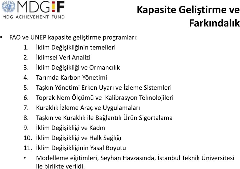 Kuraklık İzleme Araç ve Uygulamaları 8. Taşkın ve Kuraklık ile Bağlantılı Ürün Sigortalama 9. İklim Değişikliği ve Kadın 10.