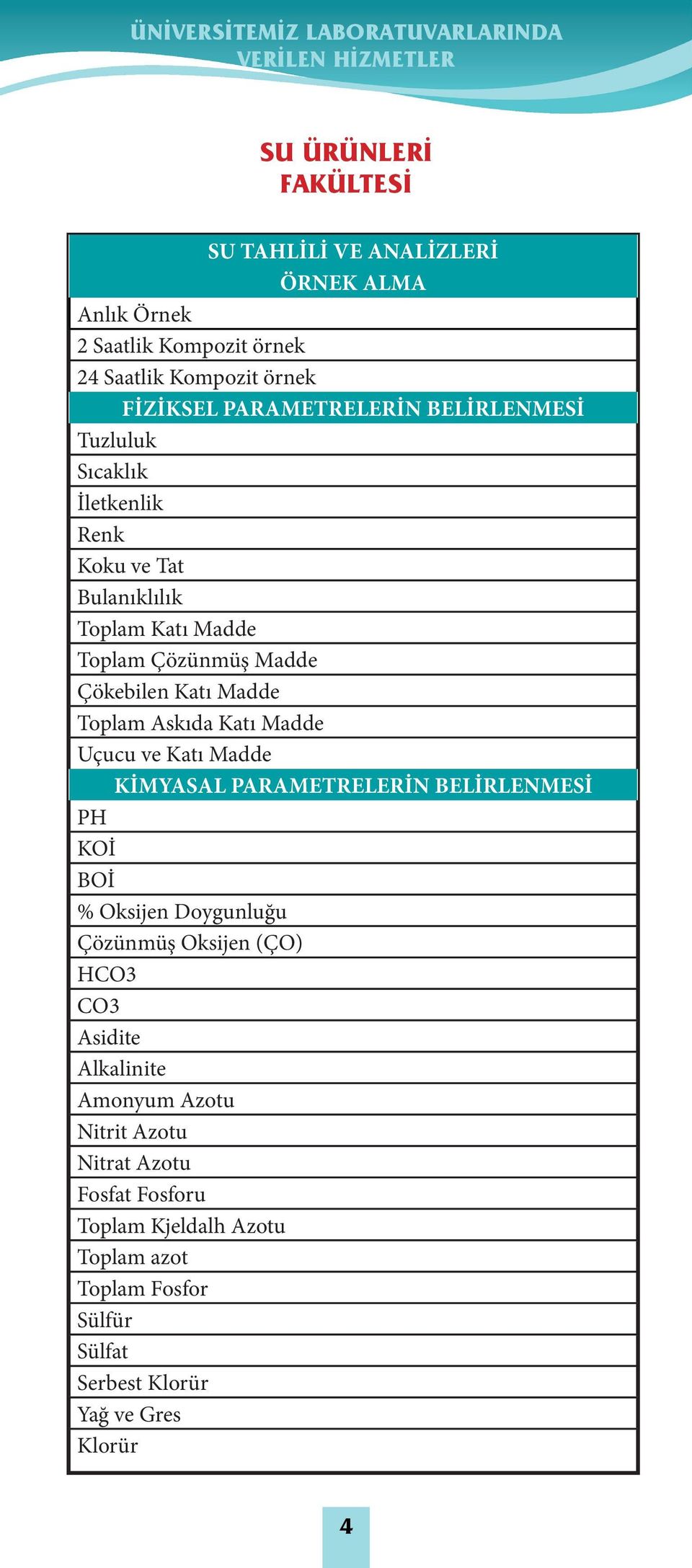 Katı Madde Uçucu ve Katı Madde KİMYASAL PARAMETRELERİN BELİRLENMESİ PH KOİ BOİ % Oksijen Doygunluğu Çözünmüş Oksijen (ÇO) HCO3 CO3 Asidite