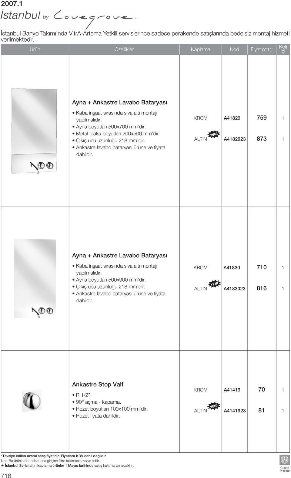 Metal plaka boyutları 200x500 mm dir. Çıkış ucu uzunluğu 218 mm dir. Ankastre lavabo bataryası ürüne ve fiyata dahildir.