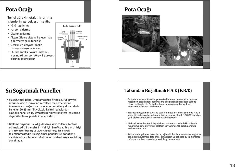 Pota Ocağı Su Soğutmalı Paneller Su soğutmalı panel uygulamasında fırında curuf seviyesi üzerindeki fırın duvarları refrakter malzeme yerine tamamıyla su soğutmalı panellerle donatılmış durumdadır.